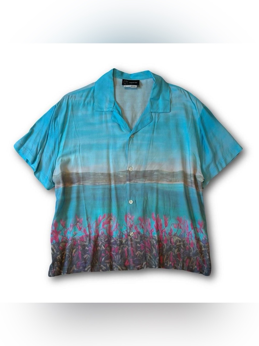Hawaiian-Style Button Front Shirt in Aqua with Pink Floral Border